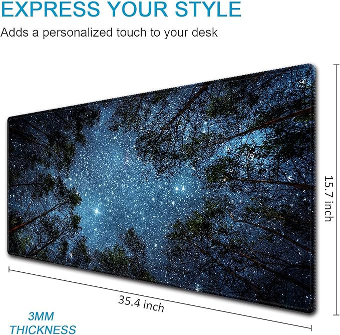 XXL Waterproof Office Desk Pad Protector 35.4x15.7 Inch - Extended Gaming Mouse Pad with Non-Slip Rubber Base, Thickened Keyboard Mat, Stitched Edges & Forest Starry Design