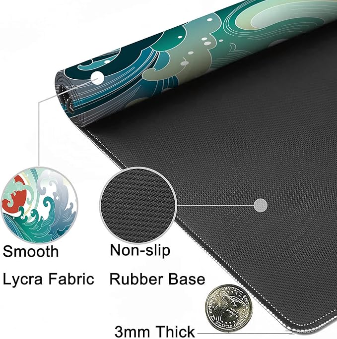 Ocean Wave and Sun Desk Mat,Traditional Japanese Wave Extended Gaming Mouse Pad,Large Non-Slip Rubber Base Mousepad with Stitched Edges,Waterproof Mouse Mat Desk Pad for Office Game Home 35.4x15.75 in