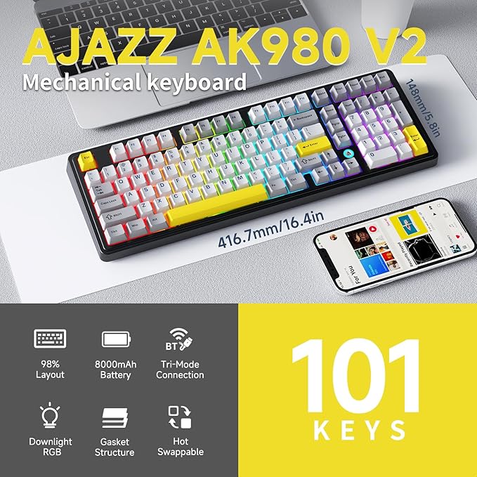 NACODEX Ajazz AK980 Grey Yellow Wireless Mechanical Gaming Keyboard,Tri-Mode BT5.0/2.4GHz/USB-C Hot Swappable Custom Keyboard RGB Backlit Computer Gaming Keyboards for PC/Tablet/PS/Xbox