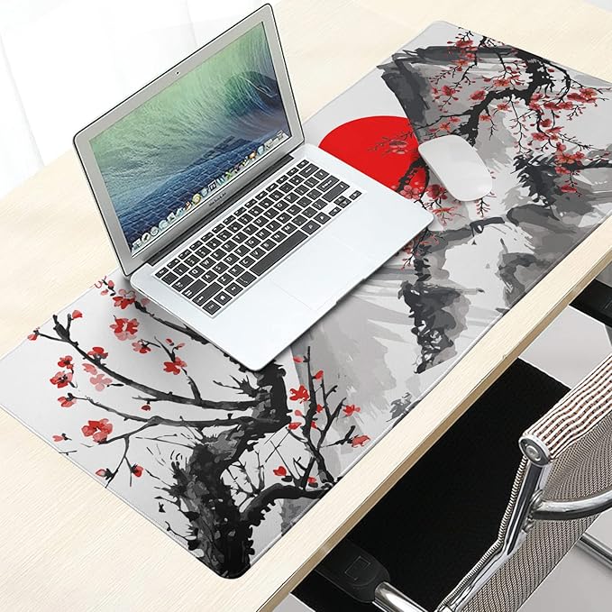 Extended Gaming Mouse Pad XL，White Japanese Cherry Blossom Large Mouse Mat Desk Pad, Extended Stitched Non-Slip Rubber Edges Mousepad 31.5 X 11.8 Inch