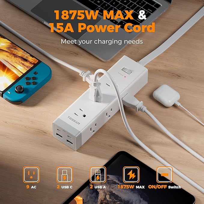 TESSAN Surge Protector Power Strip PD 20W, Ultra Thin Flat Plug 6 FT Extension Cord, 9 Outlets 4 USB(2 USB C), 1050J, 1875W 15A, Multiple Outlets Charging Station for Home, Office, College Dorm Room