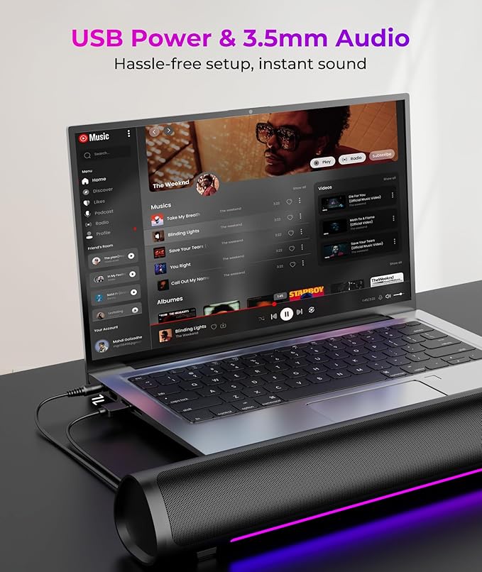 Computer Speakers for Desktop PC, Gaming PC Sound Bar, Plug and Play - USB Power with 3.5mm Audio, RGB Gradient Lighting, One-knob Control, for Computers/Laptops/Monitors