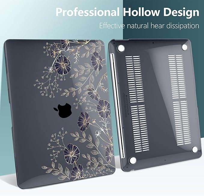 TWOLSKOO for MacBook Air 13.3 inch Case 2021 2020 2019 2018 Release M1 A2337 A2179 A1932 with Touch ID, Plastic Hard Shell Case & Keyboard Cover & Type C Adapter, Golden Flowers
