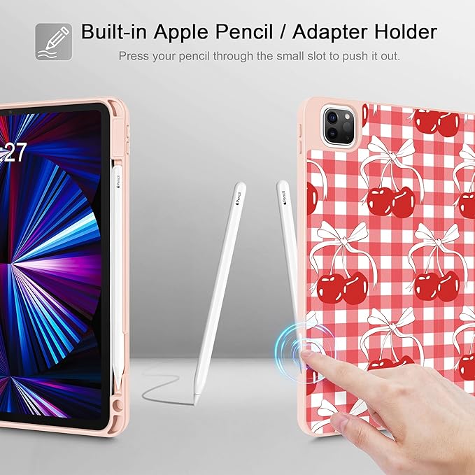 May Chen Case for iPad Pro 11 inch (4th, 3rd, 2nd & 1st Gen) 2022 2021 2020 2018, Trifold Stand + Pencil Holder + Auto Wake/Sleep + Soft TPU Protective Stand Back Cover, Cherry Bow
