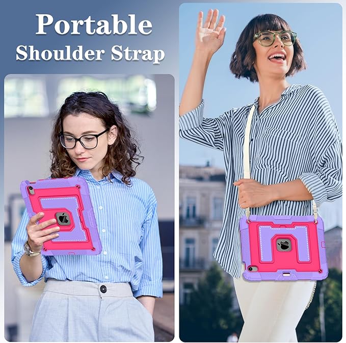 Kids Friendly Case for iPad Air 11 Inch M4 M3 M2 2026/2025/2024 Case with Pencil Holder & Shoulder Strap, Military Grade Shockproof Kickstand Hard Shell Protective Cover,Rose+Purple