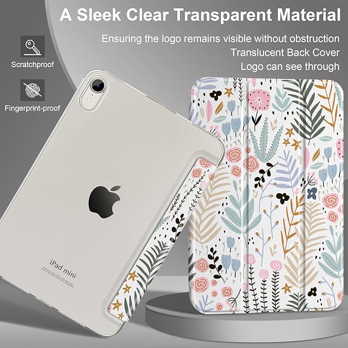DONGKE for iPad mini 7 (A17 Pro) 2024 & iPad mini 6 2021 8.3 Inch, Slim Foldable Stand Hard PC Translucent Back Shell Smart Cover for iPad mini 7th/6th Generation [Auto Wake/Sleep] - Creative Floral