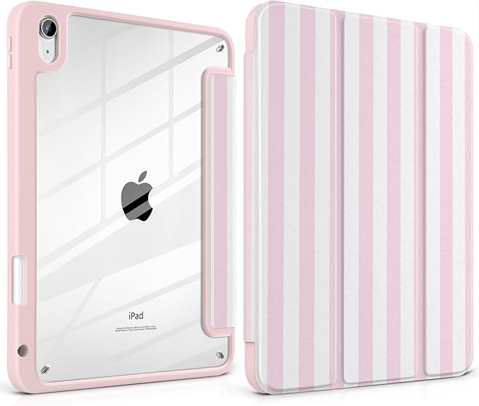 Case for iPad Air 11 inch M4 2026 M3 2025 M2 2024 Release with Pencil Holder - Cute Pink White Striped Trifold Cover with Clear Back Auto Sleep/Wake, Aesthetic Soft Protective Skin for Girls