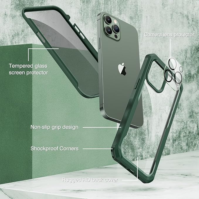 CENHUFO for iPhone 13 Pro Case, Privacy Phone Cover with Built-in Anti Peep Tempered Glass Privacy Screen Protector and Camera Protective, Full Body Shockproof Anti Spy Clear Double Bumper - Green