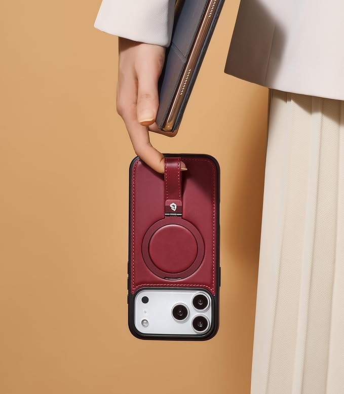 Butaiga for iPhone 17 Pro Leather Case with Stand, Anti-Slip Grip Ring, Fits for MagSafe (Burgundy, iPhone 17 Pro)