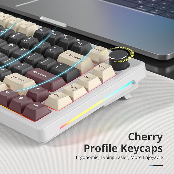 75% Mechanical Keyboard Gasket with Knob, Custom Wired Creamy Gaming Keyboard TKL 75 Percent Hot Swappable RGB Backlit, Pre-lubed Switch for Win/MAC（Roma/White Switch）