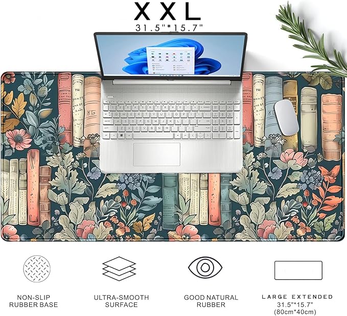 Floral Books Desk Mat Cute Desk Pad XXL Mouse Pad Colorful Mouse Keyboard Pad Flower Bookshelf Desktop Mat for Computer Laptop Aesthetic Reader's Home Decor 31.5x15.7 in