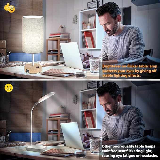 Bedside Table Lamps with 2 USB Charging Ports & AC Outlet, Set of 2 Touch Control Wooden Base Nightstand 3-Way Dimmable Lamps with Beige Fabric Shade for Bedroom, Living Room, A19 E26 Bulbs included
