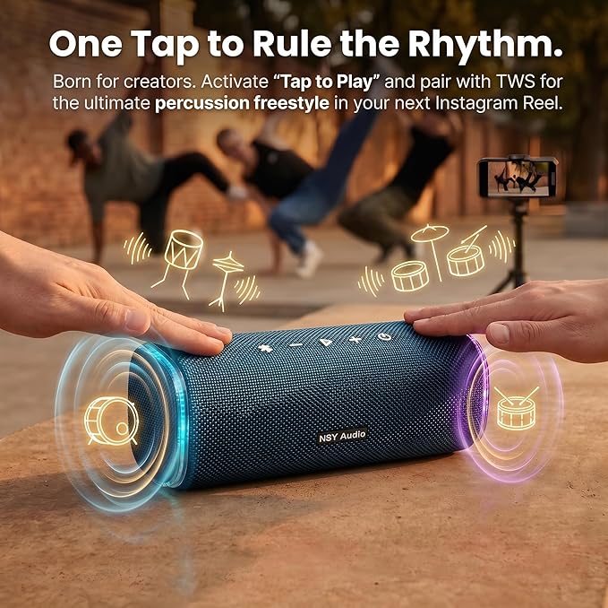 40W Bluetooth Shower Speaker, IPX7 Waterproof Floating Pool Speaker with Interactive Tap-to-Play Drum Beats, 25H Playtime, LED Lights, Built-in Mic for Hands-Free Calls in Bathroom, Blue