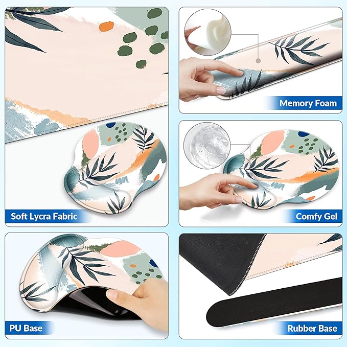 Desk Mat Set + Keyboard and Mouse Pad with Wrist Rest Support,4-in-1 Large Mousepad Computer Mats for Desktop Home & Office-Leaves 2