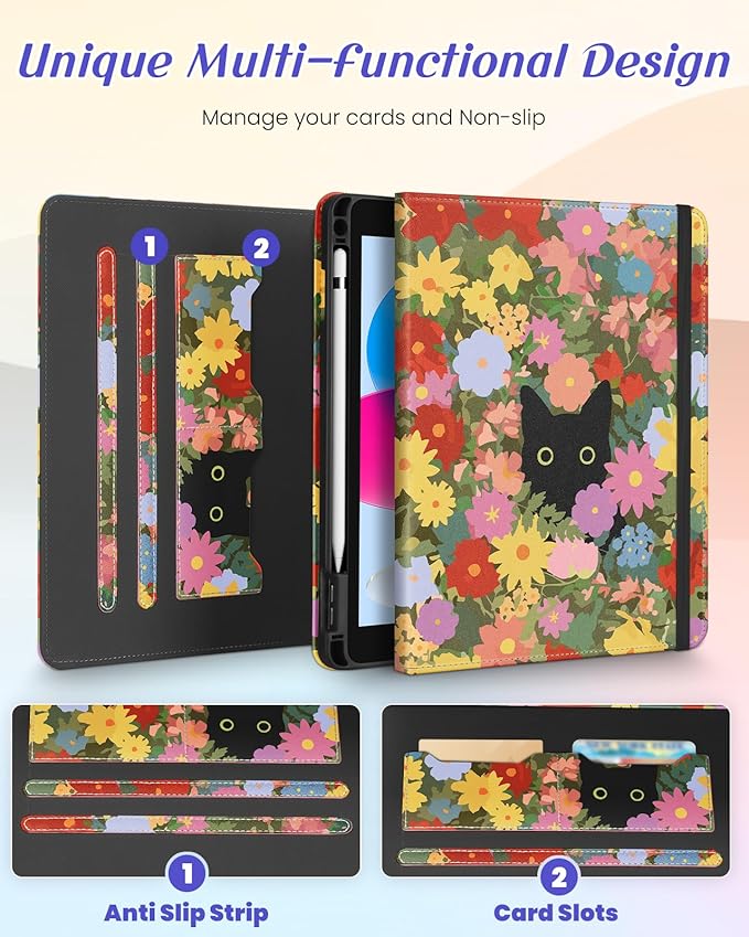 Kidcube for iPad 10th Generation Case 2022, for iPad (A16) Case 11th Generation 2025 - Women Girls Cute Rotating Stand Folio Cover with Pencil Holder & Card Slot Girly Kawaii Cat Flower Design Cases