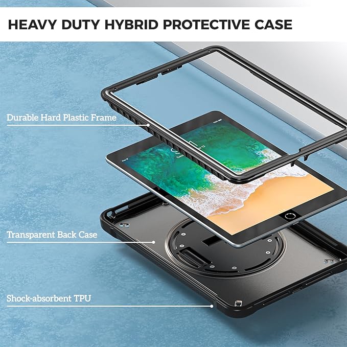ProCase Rugged Case for iPad 9.7 Inch 5th 6th Gen/iPad Air 2 / iPad Pro 9.7 Case, Heavy Duty Shockproof Rugged Cover with Hand Strap 360 Degree Rotatable Kickstand Protective for iPad 9.7" -Black