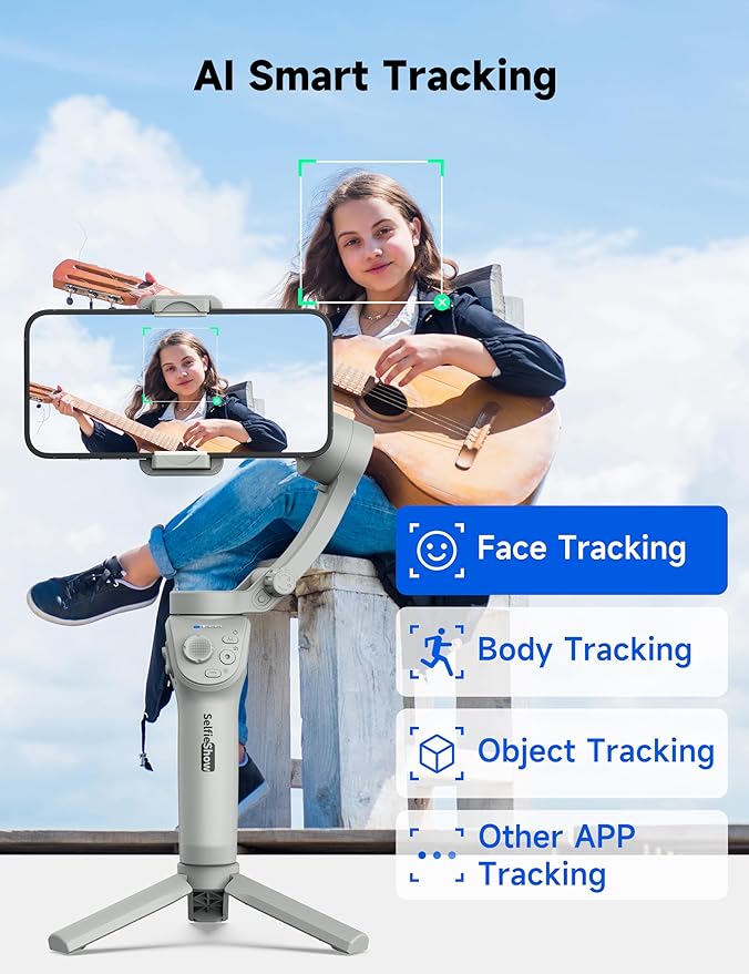 Gimbal Stabilizer for Smartphones, 3-Axis Phone Gimbal, Intelligent Gimbals with Face/Object Tracking, Portable and Foldable, Vlogging Stabilizer for Android and iPhone 15 14 13 12, YouTube TikTok