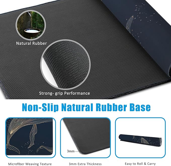 Whales in Gold Line Desk Mat,Large Gaming Mouse Pad,Non-Slip Rubber Base Desk Pad with Stitched Edges for Desk Office Home Decor 35.4X15.7 Inch