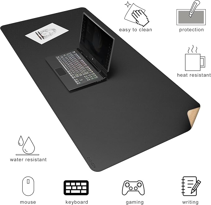 Chihein 51” x 24” Cork & PU Leather Desk Mat (Black) - Large Mouse Pad, Double Sided Waterproof Desk Pad Protector for Gaming, Office, Home
