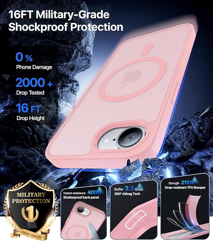 Eastinbox Magnetic Shockproof for iPhone 17e & iPhone 16e Case [Compatible with MagSafe] [Military-Grade Protection] Anti-Yellowing, Matte Protective Phone Case for iPhone 17 e/16 e 6.1", Pink