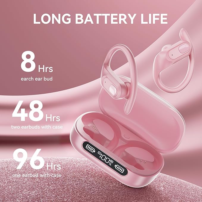occiam Active Noise Cancelling Wireless Earbuds Bluetooth Headphones Ear Buds 96Hrs Playback Clear Call Waterproof Earphones with Ear Hook Microphones for Sport Running Pink