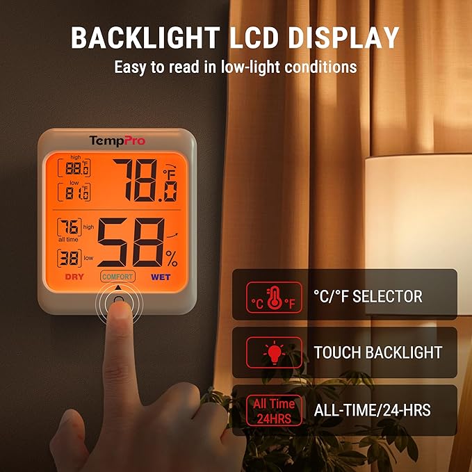 TempPro TP53 Digital Hygrometer Indoor Thermometer for Home, Temperature Humidity Sensor with Comfort Indicator & Max Min Records, Backlit Display Room Thermometer Humidity Meter(Previously ThermoPro)
