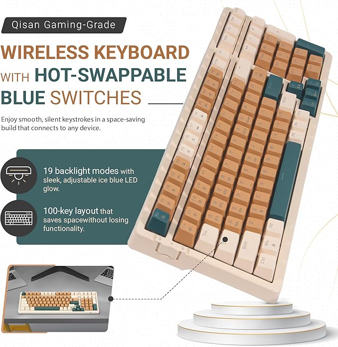 Qisan Wireless/Wired Mechanical Gaming Keyboard,Triple Mode 2.4G/USB-C/BT (98%) Wireless Mechanical Keyboard with US Layout | Blue Switch Rechargeable RGB Backlit Keyboards for Gaming, Brown Combo