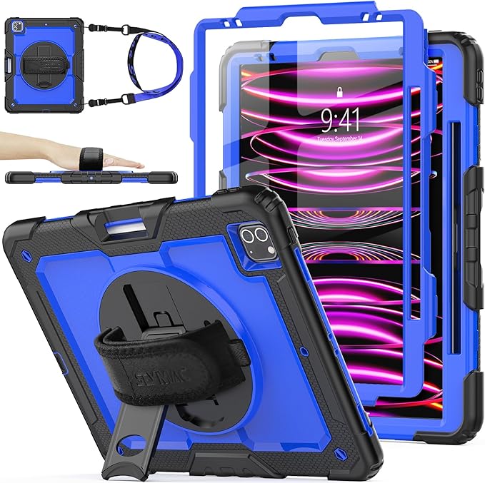 SEYMAC stock Case for iPad Pro 12.9'' 2022/2021/2020/2018 with Screen Protector 360 Rotating Stand Hand Strap, Drop-Proof Case for iPad Pro 12.9''(6th/5th/4th/3rd Generation), Blue/Black