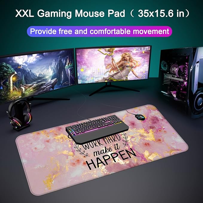 Desk Mat,Large Mouse Pad 35''×15.6'' XXL Extended Gaming Mouse Pad Mat with Non-Slip Base Stitched Eges Mousepad for Computer,Office,Keyboard and Laptop -Stay Positive