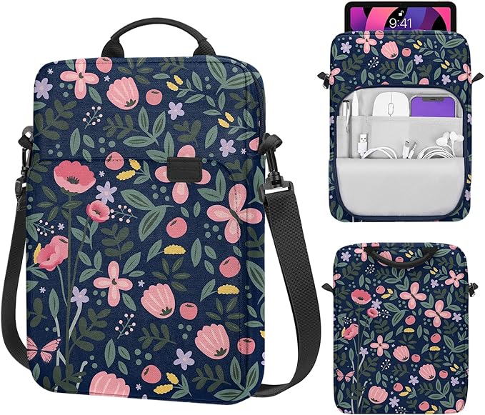 MoKo 9-11 Inch Tablet Sleeve Bag Handle Carrying Case with Shoulder Strap Fits New 11-inch iPad Pro M5/iPadAir M3, i-Pad 10th 10.9, iPad 9/8/7 10.2, i-Pad Air 5/4th 10.9, Tab S8/S9 11, Floral Indigo