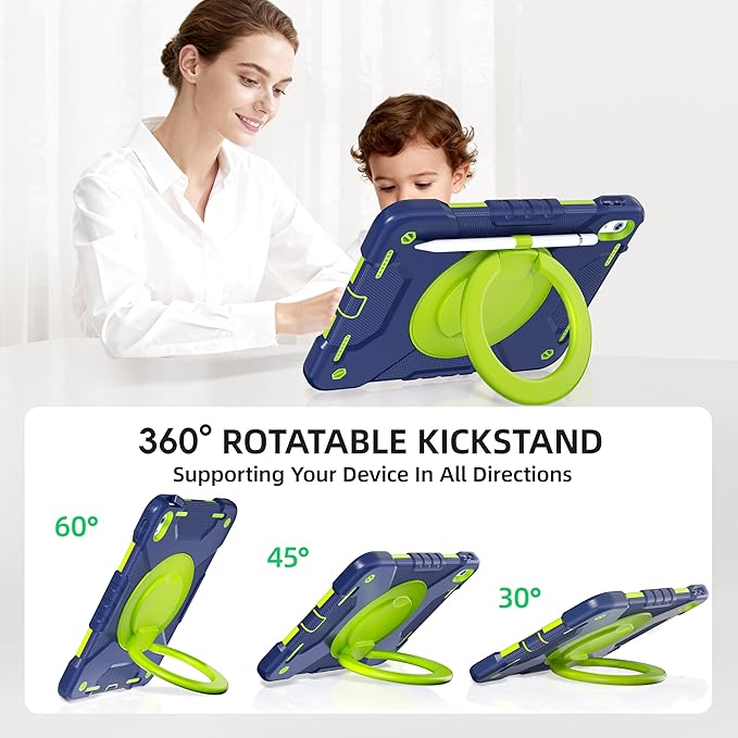 Andnary Case for iPad (A16) 11th Generation 11 inch 2025/10th Generation 10.9 inch 2022, Shockproof Cover with Screen Protector/360° Rotate Handle/Bracket/Pen Holder/Shoulder Strap (Navy+Green) | (A16), 2025, 2022, Heavy Duty, Shockproof Cover