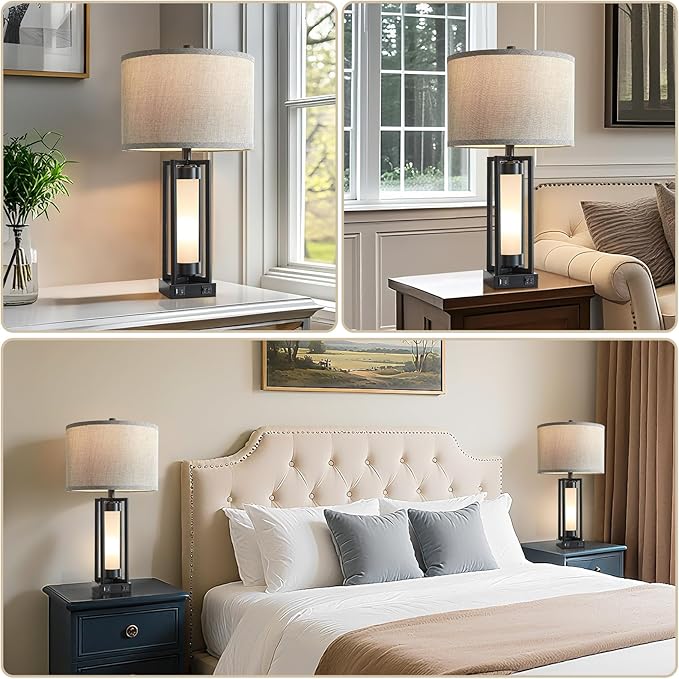 Set of 2 Modern Table Lamps for Living Room with USB C+A Ports, Rustic Nightstand Lamp with White Night Light, Retro Desk Lamp for Bedroom End Table Entryway, 4 Bulb Included (Black)