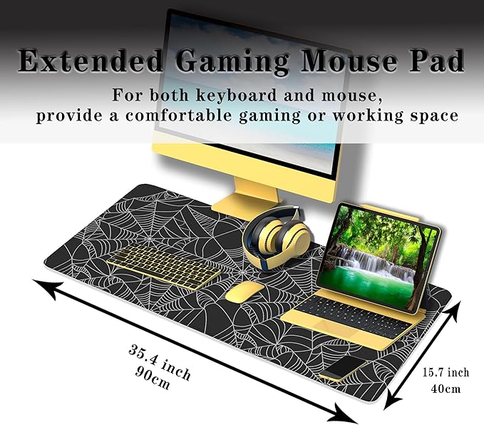 Gaming Mat Black Long Mousepad, Desktop Pad Big Mouse Pads Desk Mouse Pad, Computer Pad Non-Slip Rubber Base Waterproof with Stitched Edges, 35.4" X 15.7" Spider Web