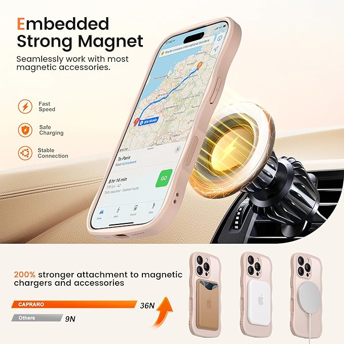 CAPRARO for iPhone 16 Pro Case with 360° Spin Magnetic Stand for Women, [Compatible with MagSafe] [Full Camera Protection] Cute Wave Translucent Matte Case for iPhone 16 Pro, Rose Gold