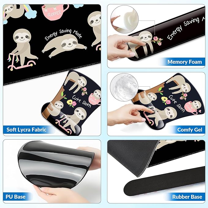 Desk Mat Set + Keyboard and Mouse Pad with Wrist Rest Support,4-in-1 Large Mousepad Computer Mats for Desktop Home & Office -Sloths