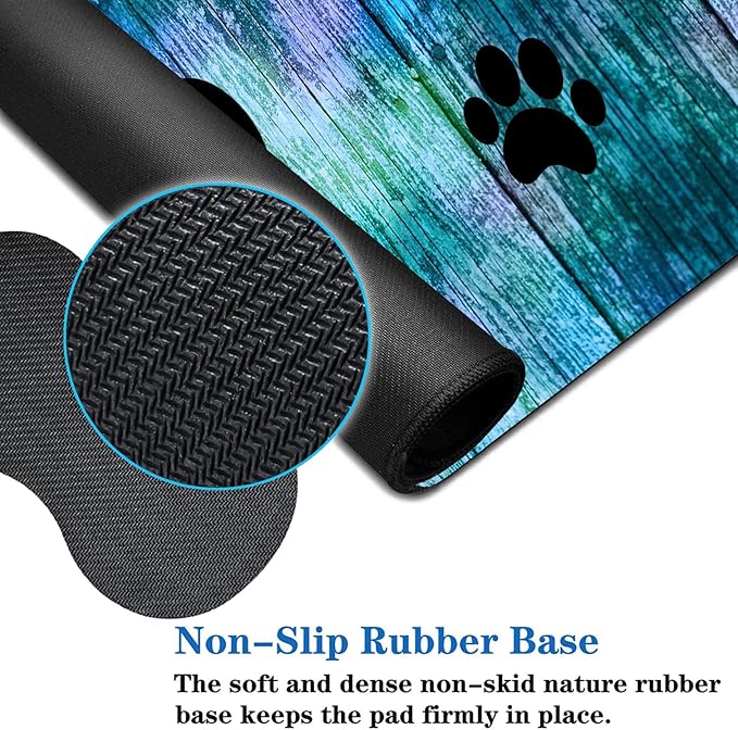 3 Piece Mouse Pad Set with Stitched Edge Large Anti-Slip Mouse Pad Desk Pad Keyboard Pad + Wrist Rest Pad + Coaster, Memory Foam Wrist Rest for Office/Home -Antique Blue Wood Grain Dog Paw