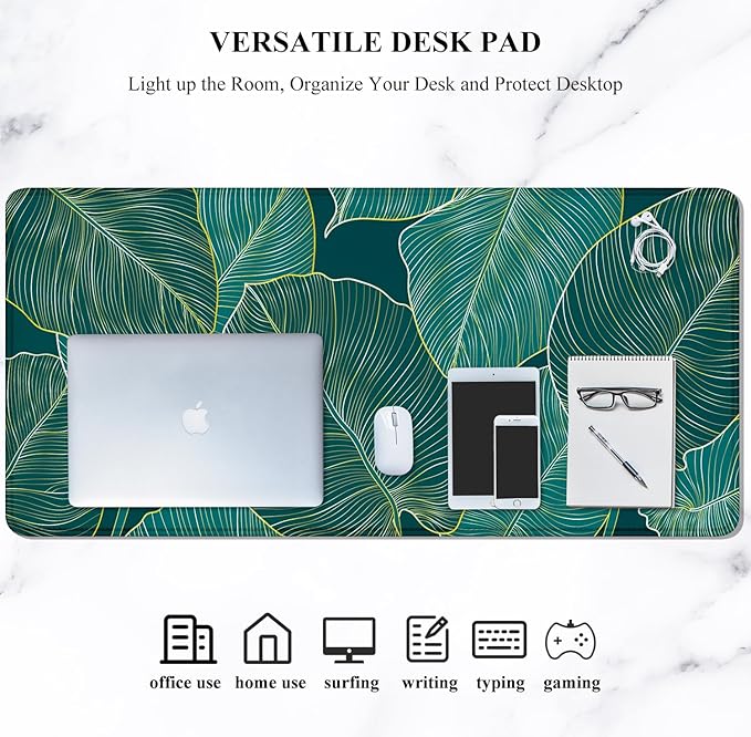 Auhoahsil Desk Pad, XL Extended Large Gaming Mouse Pad 31.5 x 11.8 Inch, Waterproof Mousepad with Stitched Edge, Non-Slip Computer Keyboard Laptop Mat for Women Men Office Work, Teal Tropical Leaves