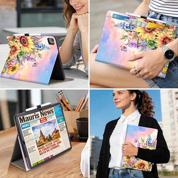 Lokigo Case for iPad Pro 13 Inch (M5/M4), for iPad Air 13 Inch (M4/M3/M2), for iPad Pro 12.9 Inch (6th/5th/4th/3rd) Gen, Typing Stand, Build with Pencil Holder/Card Pocket, Auto Wake/Sleep, Sunflower