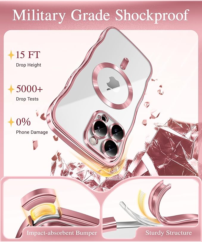 GVIEWIN for iPhone 16 Pro Case Compatible with MagSafe, Upgraded [Full Camera Protection][Cute Wave Frame][Military Grade Protection] Electroplated Soft Phone Cover for Women Girl, Clear/Pink