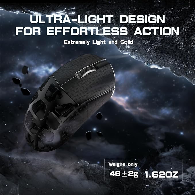 FELICON x Attack Shark R3 Magnesium Alloy Wireless Gaming Mouse, 46g Ultra-Lightweight Skeletal Shell, PAW3395 26K DPI, 8K Polling, Tri-Mode 2.4G/BT/Wired, for PC Mac Laptop - Black & Griptape