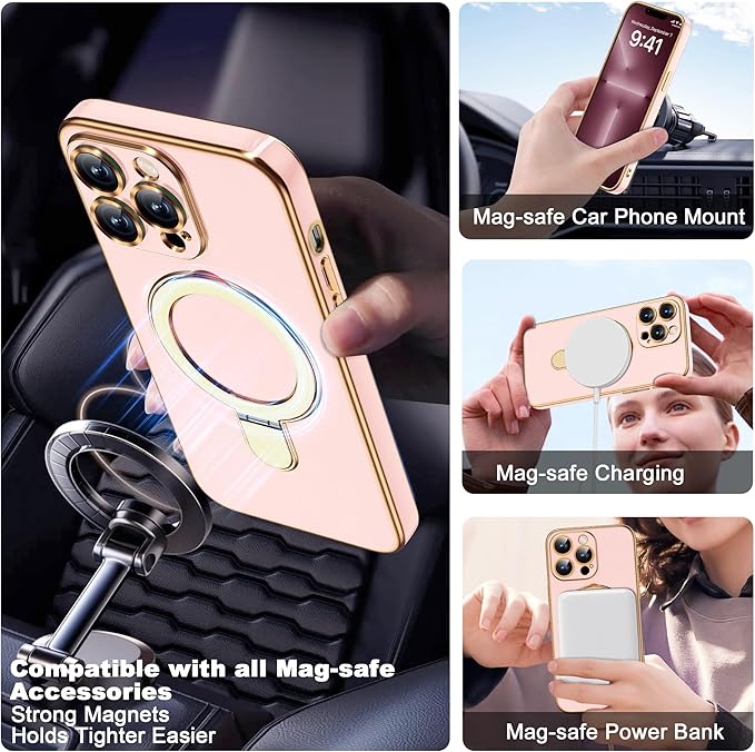 Compatible with iPhone 13 Pro Case with Invisible Magnetic Ring Stand [Compatible with Mag-Safe] [Full Camera Lens Protector] Soft Plating Phone Case for iPhone 13 Pro 6.1", Solid Pink
