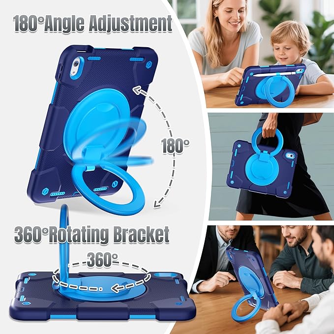 Andnary Case for iPad (A16) 11th /10th Generation 11/10.9 Inch 2025/2022 with Screen Protector/360° Rotate Stand/Shoulder Strap/Pencil Holder, Shockproof iPad 11th/10th Gen Cover (Navy+Blue)
