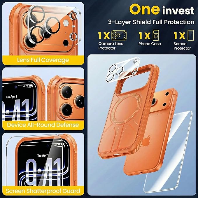 3 in 1 for Heavy Duty iPhone 17 Pro Max Case with Screen Protector & Camera Lens Protector ,7X Military-Grade Drop Protection ,Fits MagSafe ,Rugged & Slim shockproof Case for iPhone 17 Pro Max, Orange