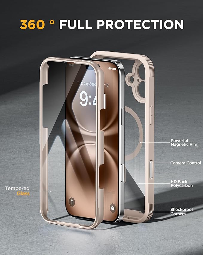 Miracase Magnetic for iPhone 16 Plus Case Full-Body Phone with Built-in Glass Screen Protector, [Compatible with MagSafe] Military Drop Proof 16 Plus Cover Bumper, Desert