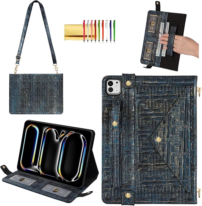 Handbag Case for iPad Pro 13" M5 M4 (2025/2024) - Techcircle Vintage Pattern Crossbody PU Leather Folio Envelope Pocket Stand Cover w/Hand Strap+Shoulder Strap+Pencil Holder+Card Slots, Retro Navy