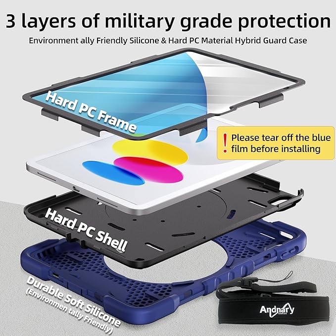 Andnary Case for iPad (A16) 11th Generation 11 inch 2025/10th Generation 10.9 inch 2022, Shockproof Cover with Screen Protector/360° Rotate Handle/Bracket/Pen Holder/Shoulder Strap (Navy+Black)