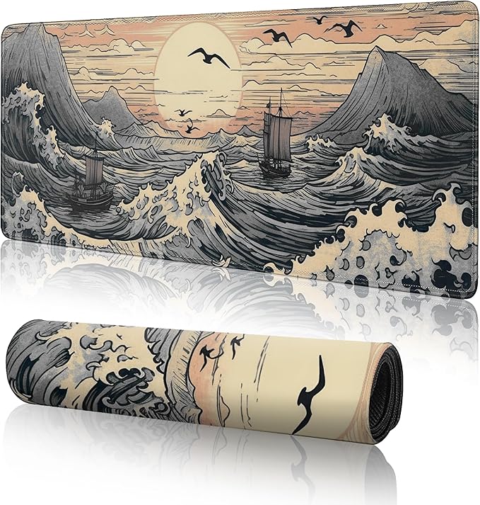 Japanese Sea Waves Large Gaming Mouse Pad,XL Mouse Pad Gaming Mouse Mat Desk Pad,31.5 x 11.8in Desk Mat Anime Mouse Pads for Desk,Extended Keyboard Pad Mousepad with Non-Slip Base and Stitched Edge