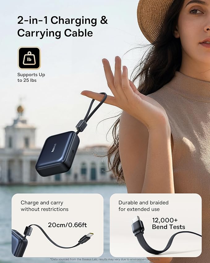 Baseus PicoGo AC22 Mini Power Bank, 20000mAh 45W PD Portable Charger Built-in USB-C Cable, Travel Essential Compact Battery Pack, Fast Charging Battery Bank for iPhone 17/16/15 Samsung S25 Pixel iPad
