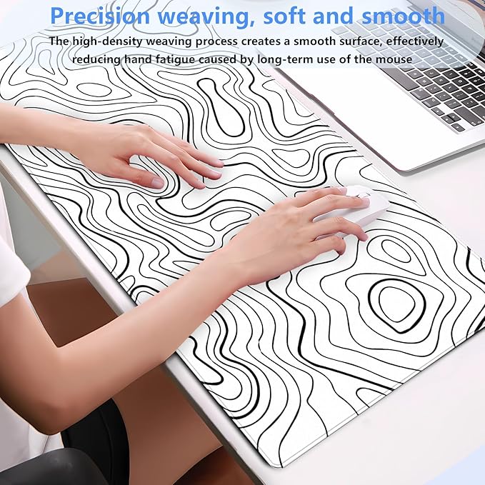 White and Black Topographic Abstract Art Desk Mat - Large XL Gaming Mouse Pad with Stitched Edges, Full Desk Keyboard & Mouse Pad for PC, Laptop, Office Decor (31.5"x15.7")