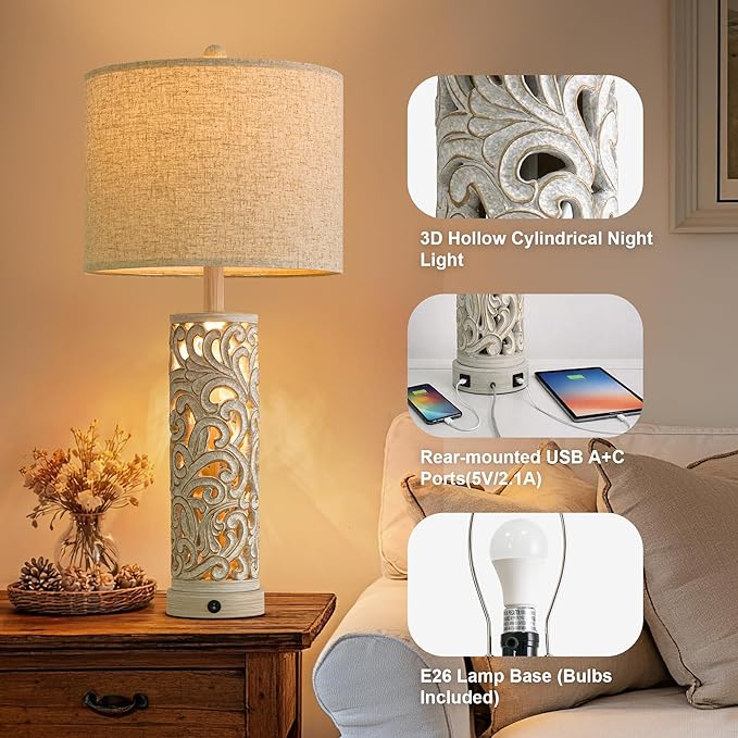 OYEARS 2-in-1 Light Table Lamp Set of 2 for Living Room, 28.5" Farmhouse Bedside Lamps with USB Charging Port, Main&Night Light & Dual Switches, Nightstand Lamp for Bedroom Home Office(Bulb Included)